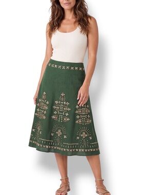 Basil & Maude Green Gold Beaded Linen Blend A-Line Midi Skirt Size 6